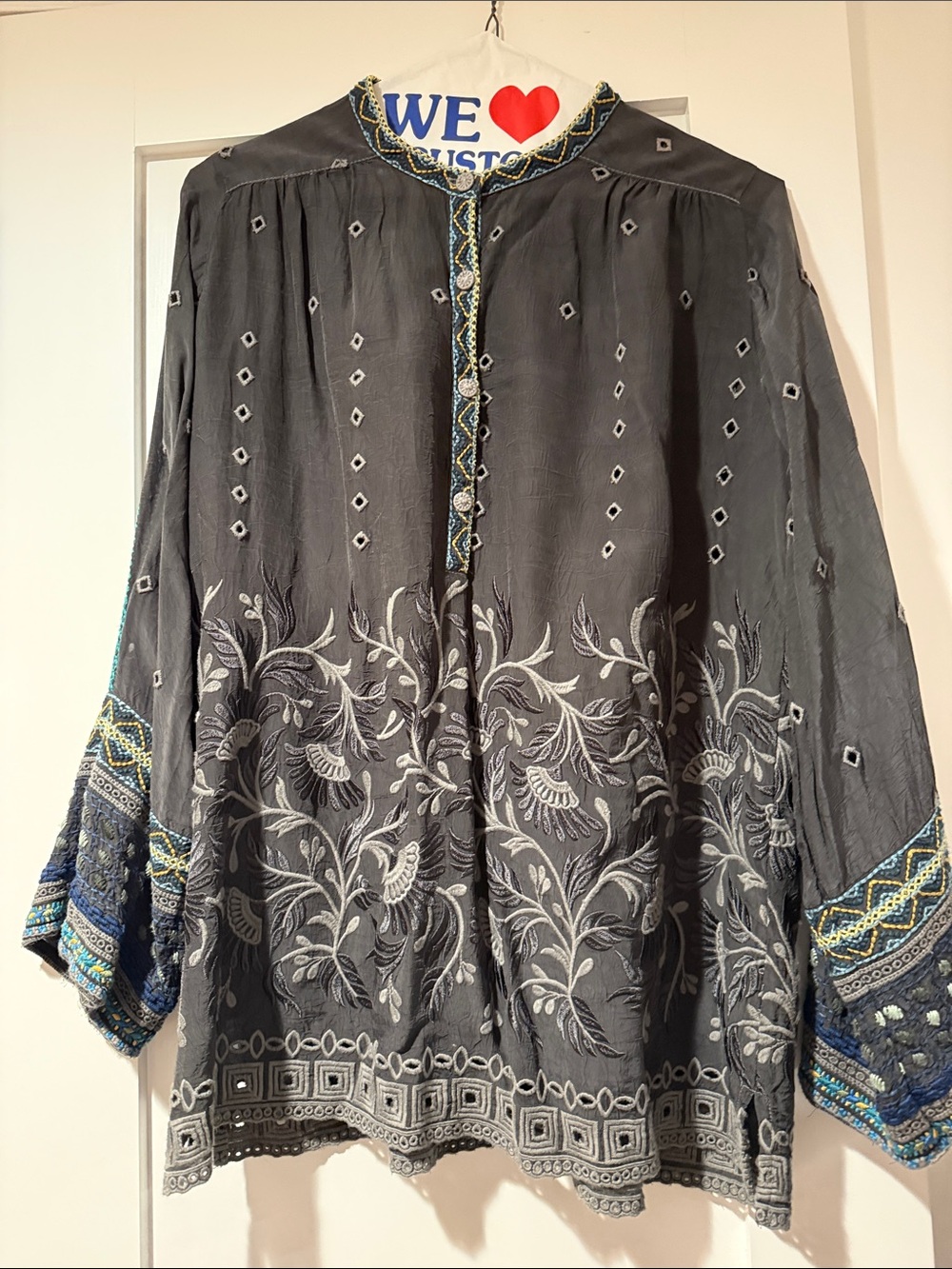 Johnny Was Charcoal Gray Embroidered Button-Down Shirt with Blue Trim